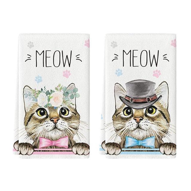 Artoid Mode Mr & Mrs. Cats Bowknot Flowers Hat Kitchen Towels Dish Towels, 18x26 Inch Seasonal Wedding Meow Decoration Hand Towels Set of 2
