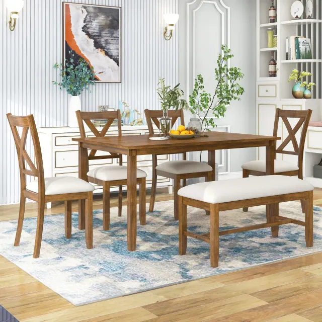 NicBex Dining Room Table Set for 4 Dining Room Table with MDF Tabletop, 4 Upholstered Chairs and 1 Bench for Dining Room, Natural Cherry