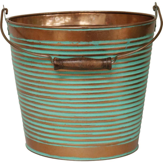 Robert Allen Mpt01760 Ribbed Metal Planter With Handle, 10", Vintage Copper