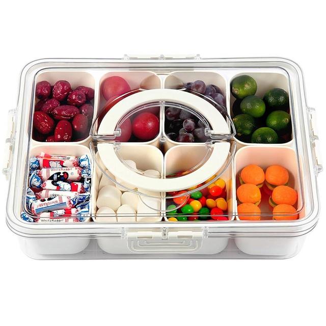 Portable Snackle Box Container, Divided Serving Tray with Lid and Handle, 8 Compartment Snack Platters for Candy, Veggie, Fruit, Nuts, Charcuterie, Perfect for Party, Road Trips, Picnics, Traveling