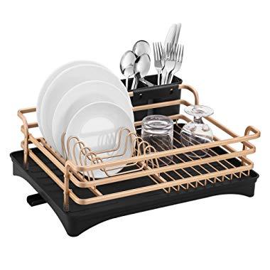 Aluminum Dish Drying Rack,HabiLife Never Rust Sink Dish Drying Rack with Utensil Holder, Removable Plastic Drainer Tray with Adjustable Swivel Spout
