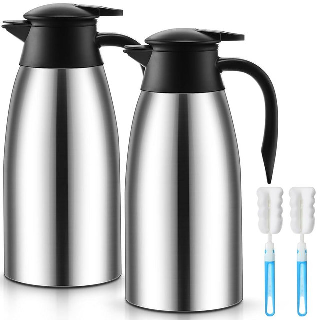 Norme 2 Pcs Thermal Coffee Carafe Insulated Stainless Steel Coffee Carafe for Hot Liquid Vacuum Thermal Pot Creamer Carafe Dispenser with Brushes Keeping Hot Water Milk(Silver,68 oz)