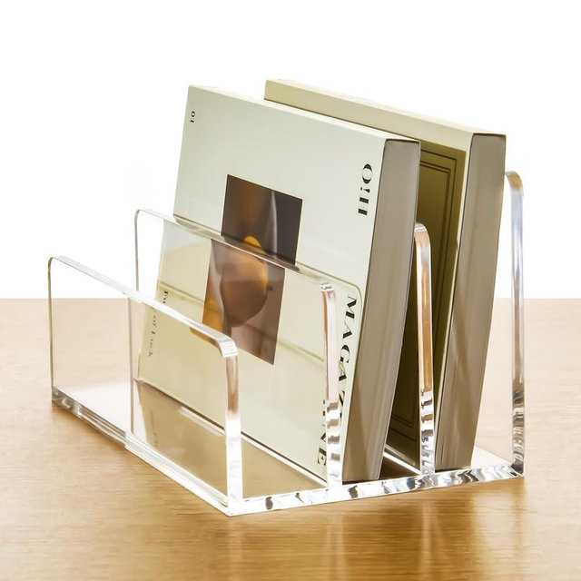 AIMOLLY 3 Compartments Clear Acrylic Mail Holder – Vertical Letter Sorter & Multifunction Desk Organizer for Bills, Documents, Notebooks – Modern Office/Home Envelope File Rack