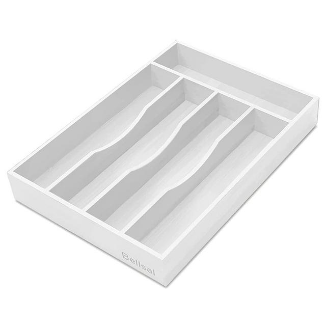 Bellsal White Utensil Organizer 10 Inch Silverware Tray for Drawer Utensil Holder Cutlery Organizer Kitchen Drawer Organizer 5 Compartment Small Narrow Bamboo