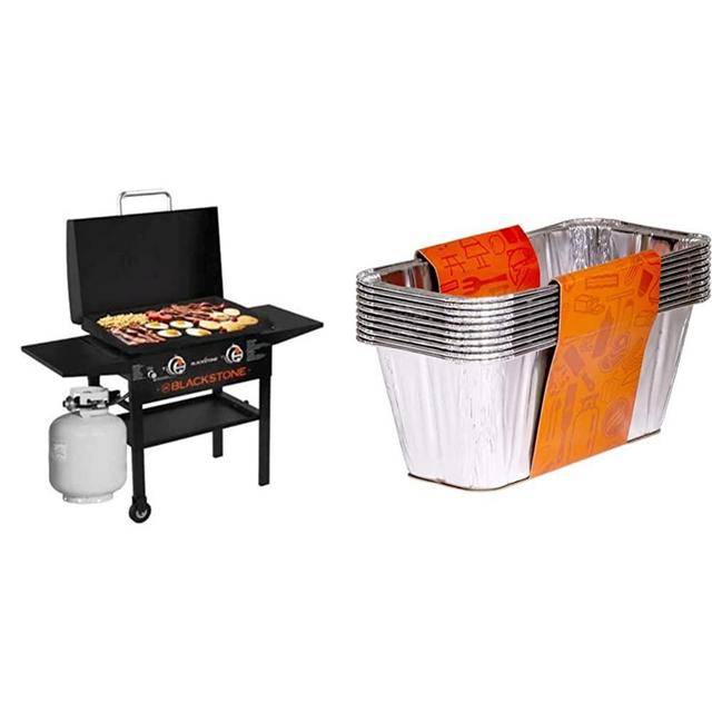 Blackstone 1883 Gas Hood & Side Shelves Heavy Duty Flat Top Griddle Grill Station 28 inch Black & 5017 Grease Cup Liners for Rear Grease Griddles - 10-Pack