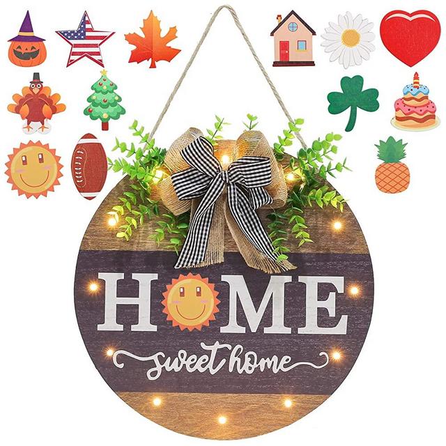 Interchangeable Welcome Sign for Front Door with 13 Changeable Icons, Farmhouse Front Porch Decor Rustic Wooden Wall Sign with 12 LED Lights, Outdoor Seasonal Welcome Porch Decorations