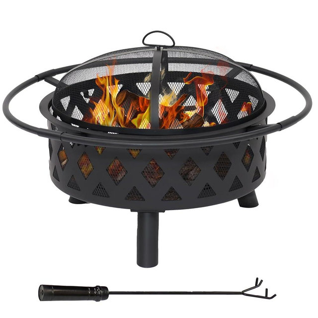 Sunnydaze Black Crossweave Steel Wood-Burning Outdoor Fire Pit - Includes Spark Screen, Poker, Grill, and Cover - 30-Inch Round