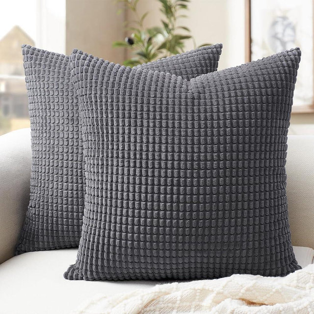 Softalker Throw Pillow Covers 18x18 Set of 2, Soft Corduroy Boho Stripe Decorative Spring Pillow Cover, Couch Fluffy Pillow Cover for Farmhouse Home Decor Bed Living Room, Dark Grey