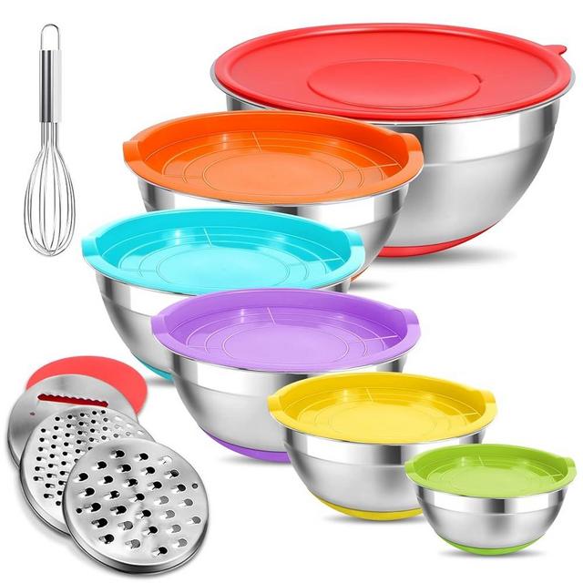Eallpha Mixing Bowls with Lids Set Airtight, 6 Piece Stainless Steel Nesting Bowls with 4 Grater Attachments, Non-Slip Bottoms Kitchen Cooking and Serving Food, Size 5.5, 4, 2.5, 2.1, 1.5, 1.2 QT