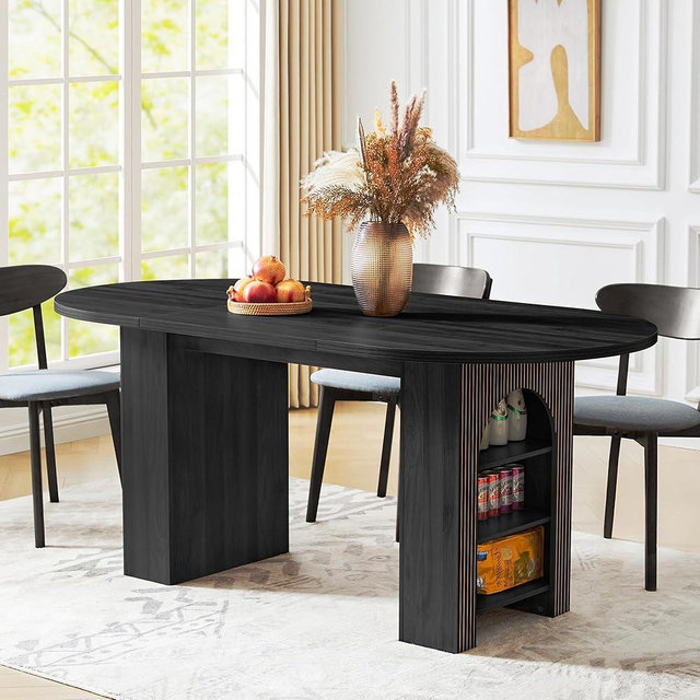 weselon 70.8" Oval Dining Table with Dual Side Storage Shelves, Wooden Table for 4–6 People, Modern Farmhouse Round Dinner Table for Kitchen, Reception, or Living Room (Black, Table Only)
