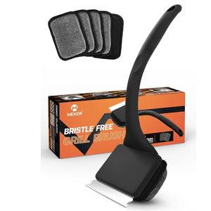 MEKER Grill Brush Bristle Free, Grill Cleaner Brush with 5 BBQ Replacement Head for Cast Iron, Stainless Steel Grates, Safe Grill Scraper Outdoor BBQ Grill, Black