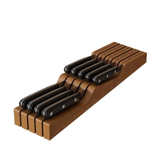 In-Drawer Knife Block Organizer - Bamboo Wood Drawer Knife Organizer-Protecting Knife Organizer Block (Not Included) (Brown, 9 Knives Dock)