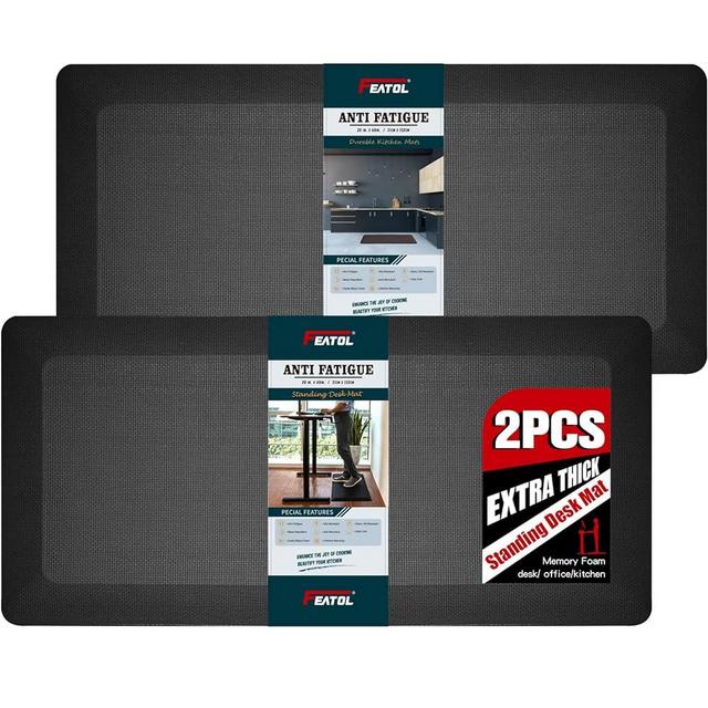 FEATOL 2 Packs Anti Fatigue Mat Thick Cushioned Standing Desk Mat Office, Ergonomic Kitchen Mats Set of 2, Memory Foam Comfort Floor Mat Padded Foam Rugs, Stain Resistant, Non-Slip (20" x 39", Black)