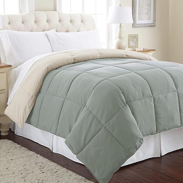 Amrapur Overseas Goose Down Alternative Microfiber Quilted Reversible Comforter / Duvet Insert - Ultra Soft Hypoallergenic Bedding - Medium Warmth for All Seasons - [Full/Queen, Seafoam/Almond]