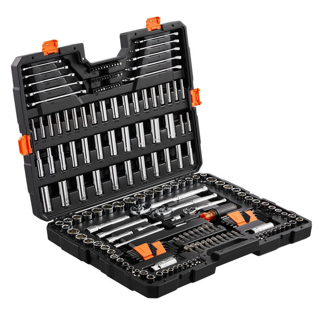 VEVOR Mechanics Tool Set and Socket Set, 1/4" 3/8" 1/2" Drive Deep and Standard Sockets, 205 Pcs SAE and Metric Mechanic Tool Kit