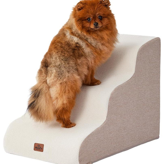 Beige Curved Dog Stairs Ramp for Small Dogs & Cats 17" H, 3-Step Dog Steps for Couch Sofa and Chair, Pet Stairs for Cats, Non-Slip Balanced Pet Steps