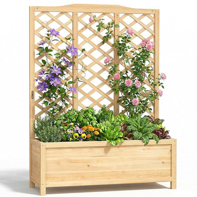 UrGROWA Wooden Raised Garden Bed with Trellis, Freestanding Planter Box with Drainage for Vines Climbing Plants Flowers Herbs, Elevated Gardening Planter for Backyard Balcony Patio