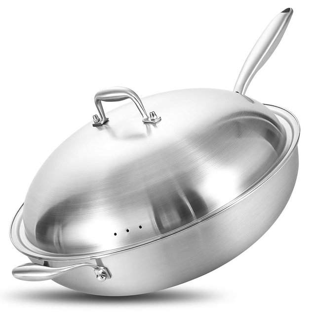 LOLYKITCH Tri-Ply 14.5 Inch Stainless Steel Wok Pan with Steel Lid, Stir-Fry Pan,Induction Cooking Pan,Dishwasher and Oven Safe