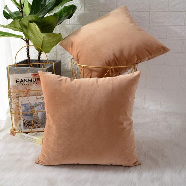 MERNETTE Pack of 2, Velvet Soft Decorative Square Throw Pillow Cover Cushion Covers Pillow case, Home Decor Decorations for Sofa Couch Bed Chair 18x18 Inch/45x45 cm (Light Brown)