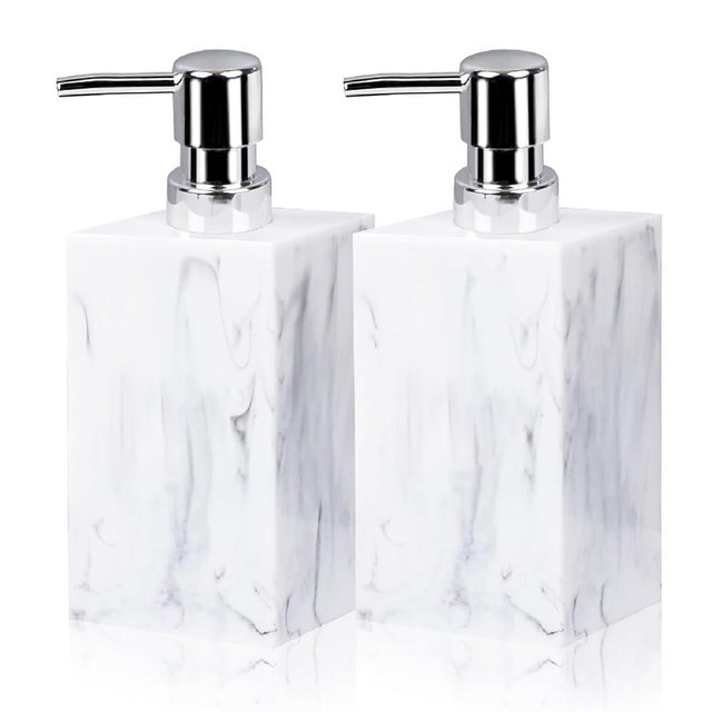 2 Pack Marble Look Hand Soap Dispenser, 16.9 oz Countertop Hand Lotion Pump Bottles, Lotion Container, Refillable Liquid Hand Soap Jar, Resin Shower Dispensers for Bathroom, Kitchen (White)