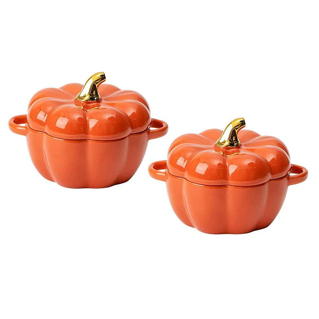 FYUEROPA Ceramic Pumpkin Bowl, Individual Casserole, Baking Bowl for Oven Bakeware with Lid 14 Oz - Set of 2 (Orange)