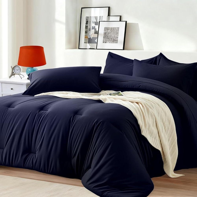 Easthome King Size Comforter Set 7 Pieces - Soft Bed in a Bag King Bed Set, Cozy Luxury Bedding Sets with All Season Comforter, Flat Sheet, Fitted Sheet, 2 Pillowcases & 2 Shams, Navy Blue