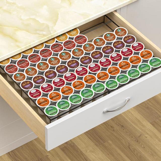 Kssiaz Coffee Pod Holder Drawer, Expandable K Cup Holder Compatible with Keurig K-Cup, K Cup Drawer Organizer Hold 35-70 Coffee Pod Storage for Coffee Station Office and Kitchen, Black