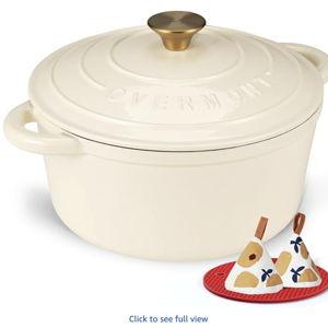 Overmont Enameled Cast Iron Dutch Oven - 7QT Pot with Lid Cookbook & Cotton Potholders - Heavy-Duty Cookware for Braising, Stews, Roasting, Sourdough Baking Cream White