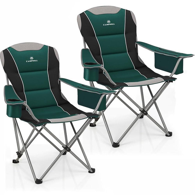 2 Pack Camping Chairs for Adults - Oversized Folding Lawn Chair with Angled Backrest,Heavy Duty 400lbs,Padded Camp Chairs with Cup Holder Side Pocket Cooler Bag for Outdoor,Sports,Beach,Fishing,Green