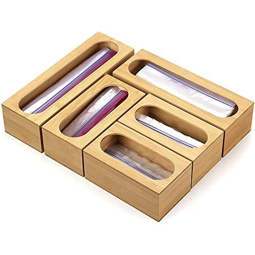 Bamboo Food Storage Bags Organizer, 5 Pieces Bamboo Kitchen Drawer Bag Storage Box, Kitchen Drawer Organizer, Bamboo Ziplock Bag Storage Organizer for Drawer, Bamboo Ziplock Bag Organizer for Drawer, Ziploc Bag Organizer for Drawer