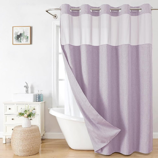 eachope No Hooks Needed Linen Textured Shower Curtain with Snap-in Fabric Liner Set,Hotel Luxury Decor Shower Curtains for Bathroom with Mesh Top Window,Waterproof & Washable,71Wx74H,Lavender