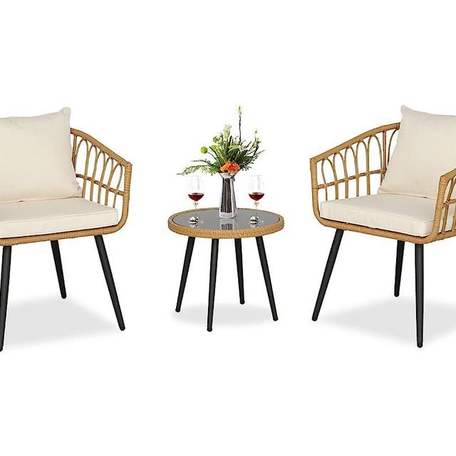 BPTD 3 Pieces Outdoor Patio Chairs Bistro Set Outdoor Furniture Rattan Chair Conversation Sets with Coffee Table for Porch, Backyard, Balcony (Brown/Ecru White)