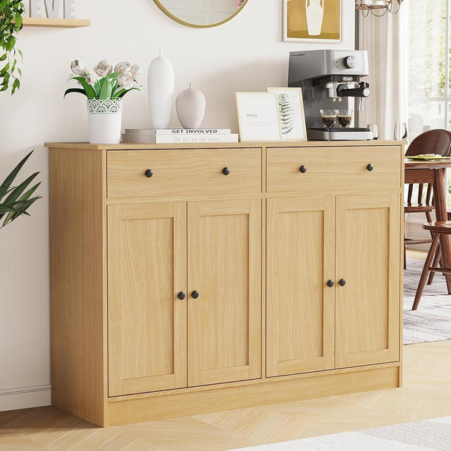 holzart 49" Oak Buffet Cabinet with Doors & Drawers, Modern Kitchen Storage Sideboard, Coffee Bar Console for Dining Room, Living Room, Entryway