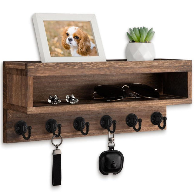 Lucundm Key and Mail Holder Wall Mount, Key Hanger with Long Storage Box and 6 Hooks for Coat, Dog Leash, Home Decor Rack, House Accessories, Entry Way Organizer (Brown)