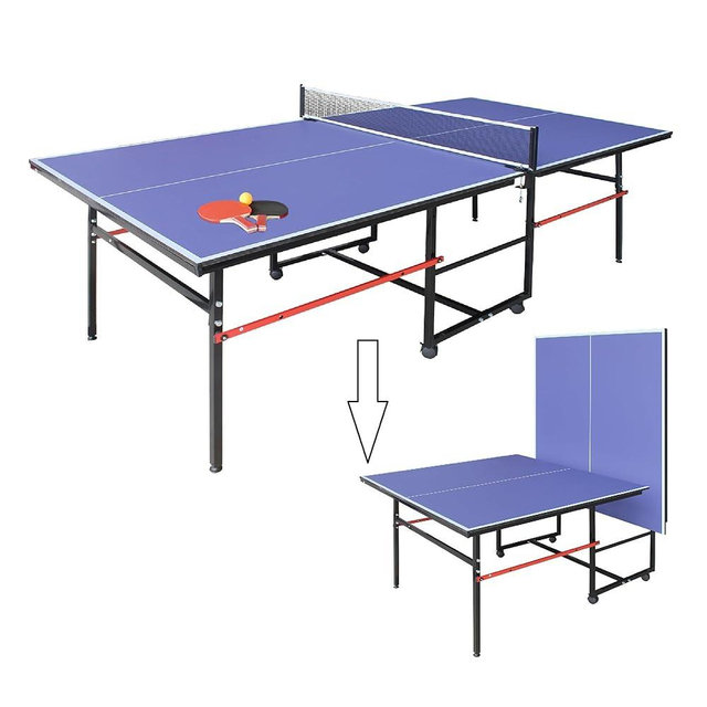 Mid-Size Table Tennis Table, Foldable & Portable Professional Ping Pong Table for Indoor & Outdoor Games with Net, 2 Table Tennis Paddles and 3 Balls,Easy to Assemble (Blue, 8FT)