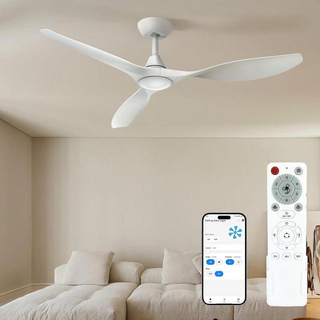 Roomratv 52 Inch Ceiling Fans with Lights and Remote,White Modern Smart Fan with LED Light, App and Remote Control, Quiet Reversible DC Motor, 6 Speeds, Timer, Ideal for Bedroom and Living Room
