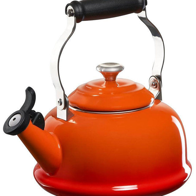 Le Creuset Enamel On Steel Whistling Tea Kettle with Metal Finishes, 1.7 qt., Flame
