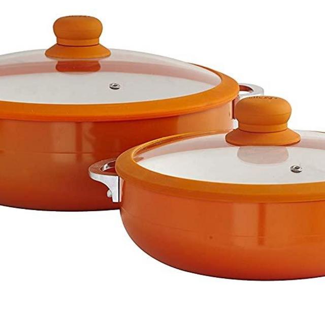 IMUSA USA 2 Piece Orange Ceramic Interior Caldero Set with Orange Silicone Rim and Glass Lid