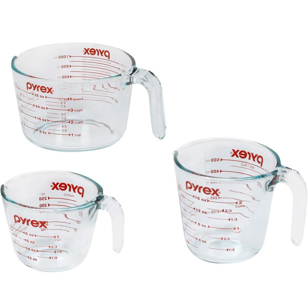 Pyrex Essentials (3-Pack) Glass Measuring Cups Set, (1, 2 & 4 Cup) Measuring Cups For Prepping, Baking and Cooking, Preheated Oven, Dishwasher, Freezer, and Microwave Safe