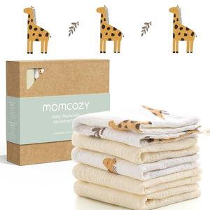 Momcozy Baby Washcloths - 4 Layer Design| Medium Thickness| Soft & Absorbent| Premium Cotton for Newborns'Skin-Great for Bathing, Wiping & on-The-go Use, Shower Gift and Essential(5 Pack, 10x10 inch)
