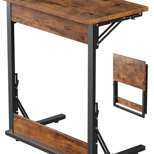 Tatub Folding TV Tray Table, 24" Wide C-Shaped End Table for Couches, Small Sofa-Side Laptop Desk with Metal Frame for Living Room, Bedroom, Rustic Brown