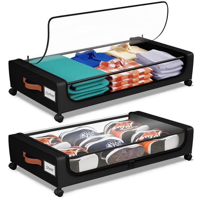 Futego Under Bed Storage with Wheels, 50L Large Capacity UnderBed Storage Containers with Clear Lid and Handles, Under the Bed Storage Bins Drawers for Clothes,Blankets,Shoes,Books (BLACK, 2 PACK)