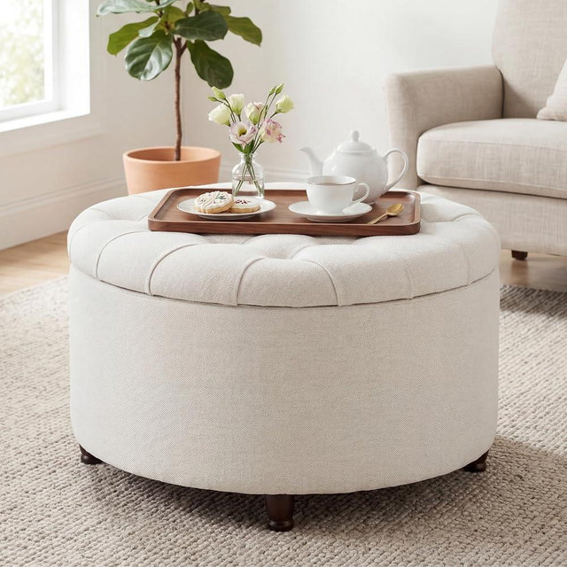 Sivoey 28" Round Ottoman, Modern Ottoman with Storage, Tufted Upholstered Footstool with Wooden Legs, Round Coffee Table w/Removable-Top, Chenille Footrest for Living Room, Bedroom, Apartment, White