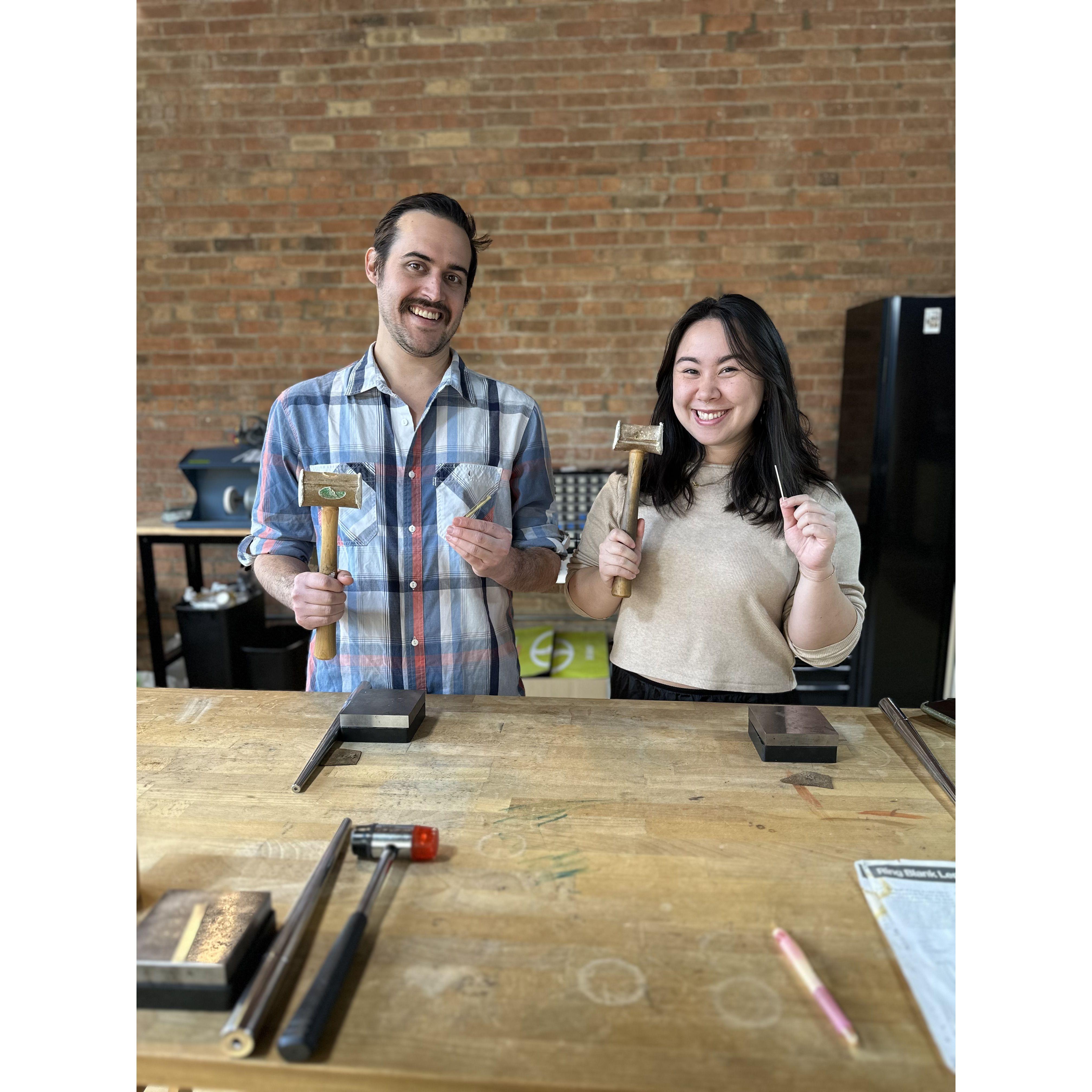 Our wedding bands are pretty personal, mostly because we made them ourselves. If you want see the finished product you'll have to come see us on Oct 5th!