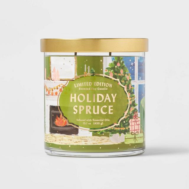 15.1oz Limited Edition Lidded Glass Jar 2-Wick Sandalwood Candle Holiday Spruce with Printed Scene Label - Opalhouse™