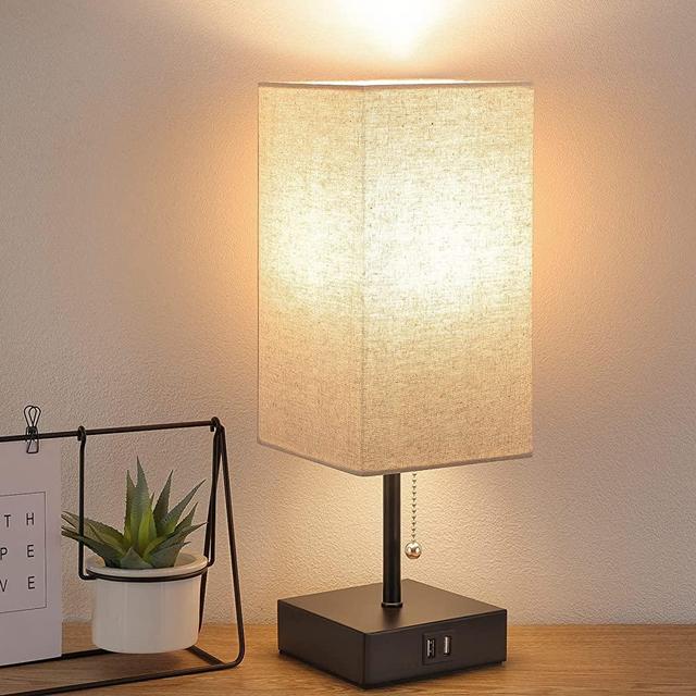 Bedside Table Lamp, Pull Chain Table Lamp with 2 USB Charging Ports, 2700K LED Bulb, Fabric Linen Lampshade, Nightstand Lamp for Livingroom Bedroom Office Reading Working