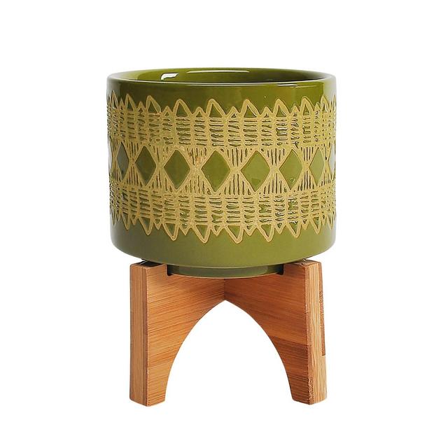 Sagebrook Home 6" Geometric Ceramic Planter on Wooden Stand Olive