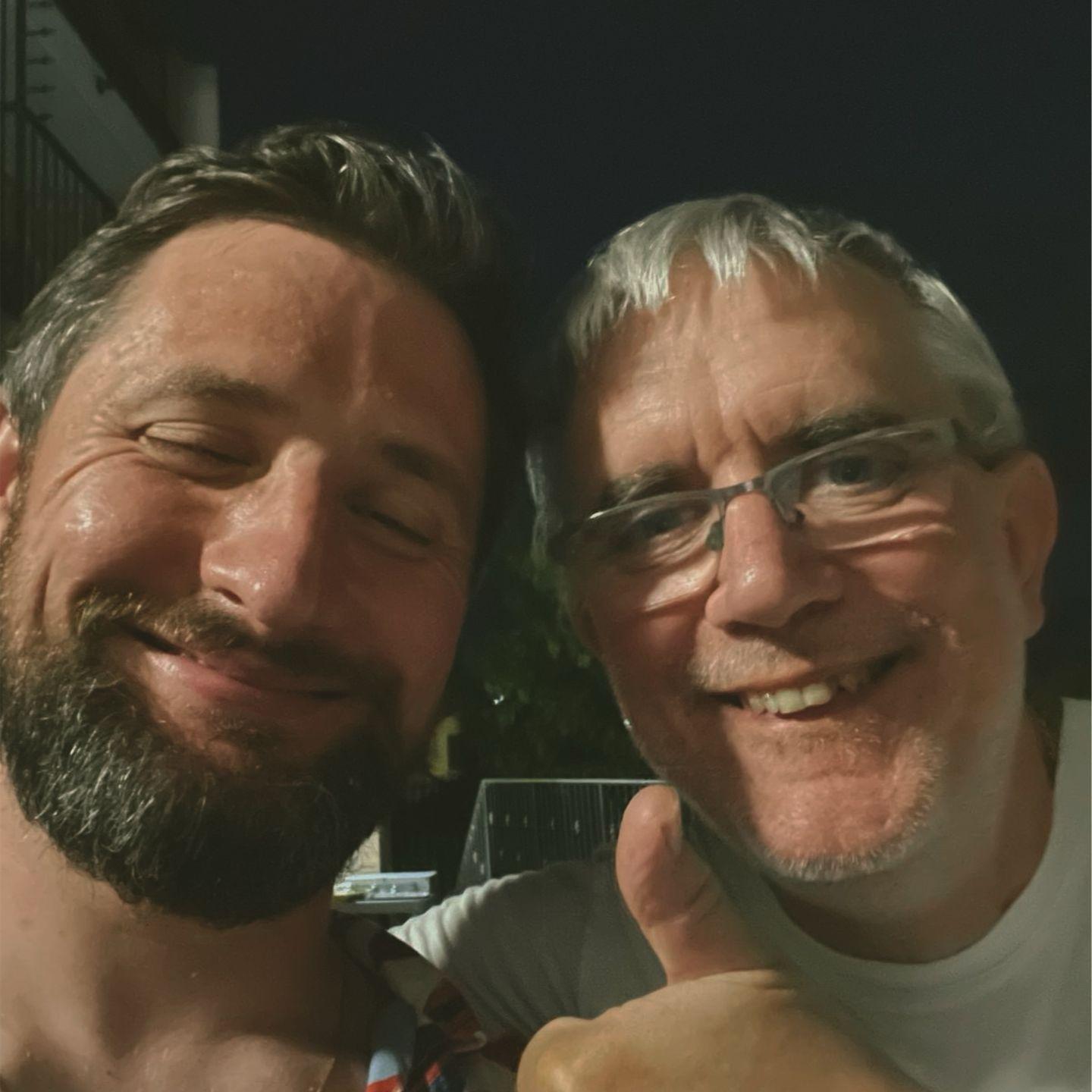 Nick with his Dad after a night of successful meat barbecuing in Italy!