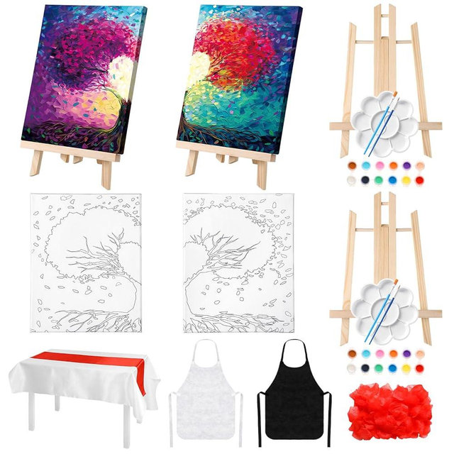 Zhanmai 112 Pcs Couples Painting Kit Date Night Valentines Sip and Paint Kit Canvas Painting Art Pre Drawn Canvas Paint Kit for Couples Adults Valentine's Day Party(Tree of Love,8 x 10 Inch)