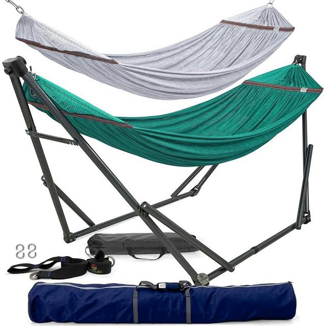 Tranquillo Hammock Combo, 600lb Capacity Double Hammock, Foldable Hammock with Stand for Outside with Extra Portable Hammock, Tree Straps, Carry Bags Set for Indoor, Garden, Camping, Travel, Peacock